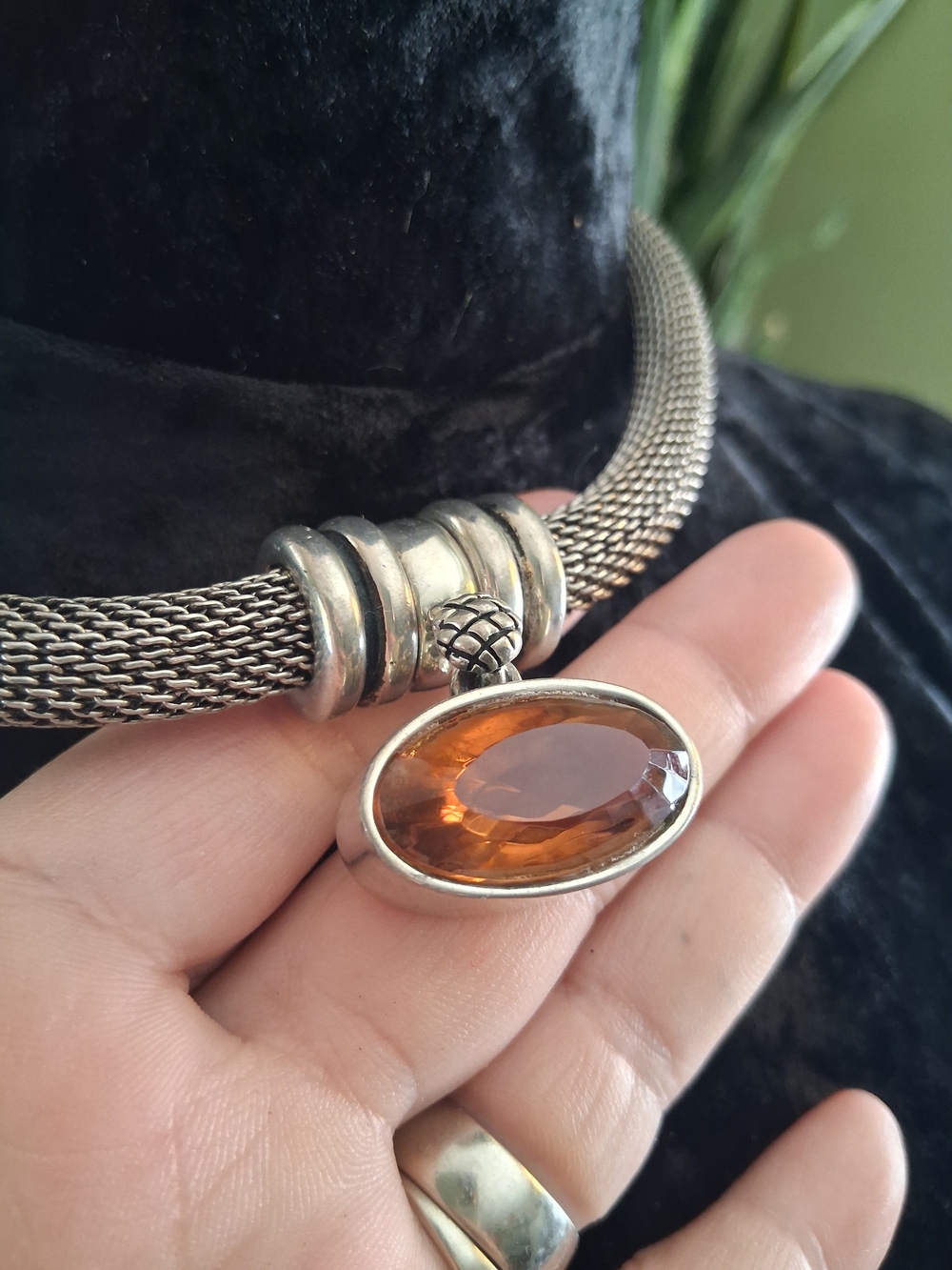 Vintage Cabot Sterling Mesh Necklace with Oval Citrine Pendant Snap Clasp